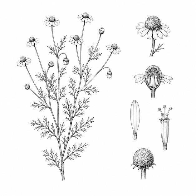 Illustration botanique de la camomille matricaire bio