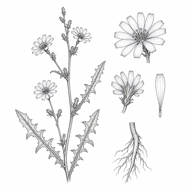 Illustration botanique de la chicorée sauvage qui donne les racines de chicorée bio
