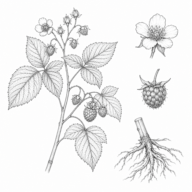 illustration botanique du plants de framboisier qui donnent les feuilles de framboisier bio