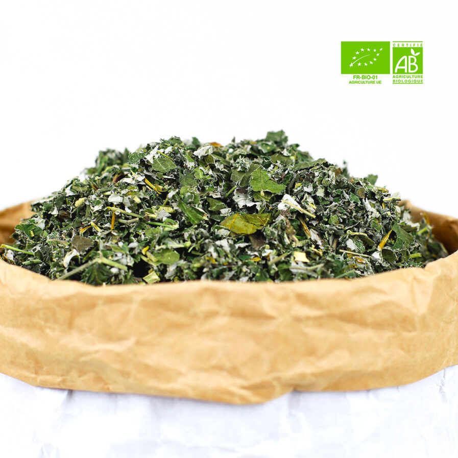 Packshot feuilles de framboisier bio pour infusion origine europe