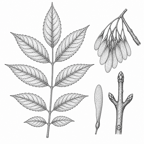 illustration botanique des feuilles de frêne bio