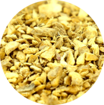 zoom sur la racine de gingembre coupée en morceaux