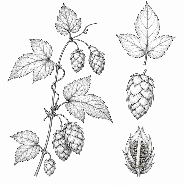 Illustration botanique des cônes de houblon bio