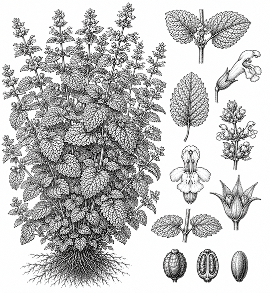 Illustration botanique d'un plant de mélisse qui donne des feuilles de mélisses bio