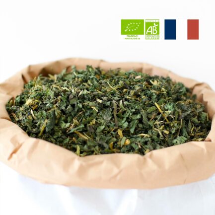 Ortie en feuilles et tiges coupées dans son sac d'herboristerie
