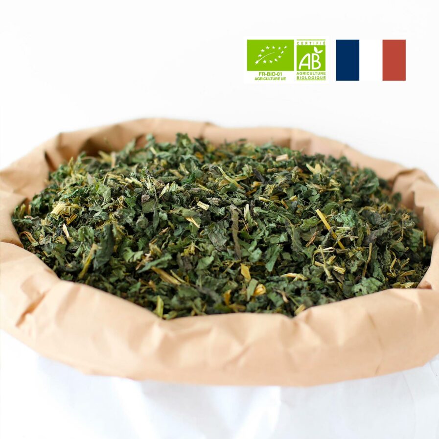 Ortie en feuilles et tiges coupées dans son sac d'herboristerie
