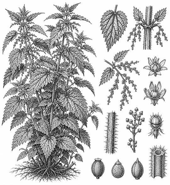 Illustration botanique de la plantes d'ortie donnant les feuilles d'ortie bio