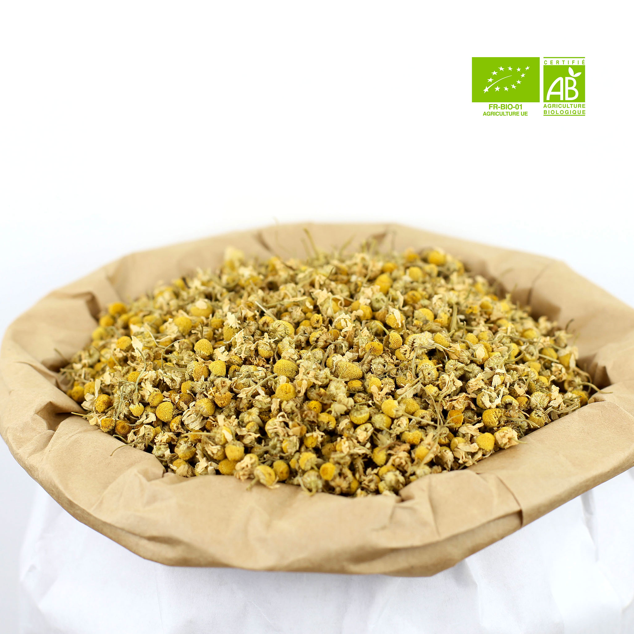 CamomilleMatricaire-Origine Camomille Matricaire bio dans un sac kraft
