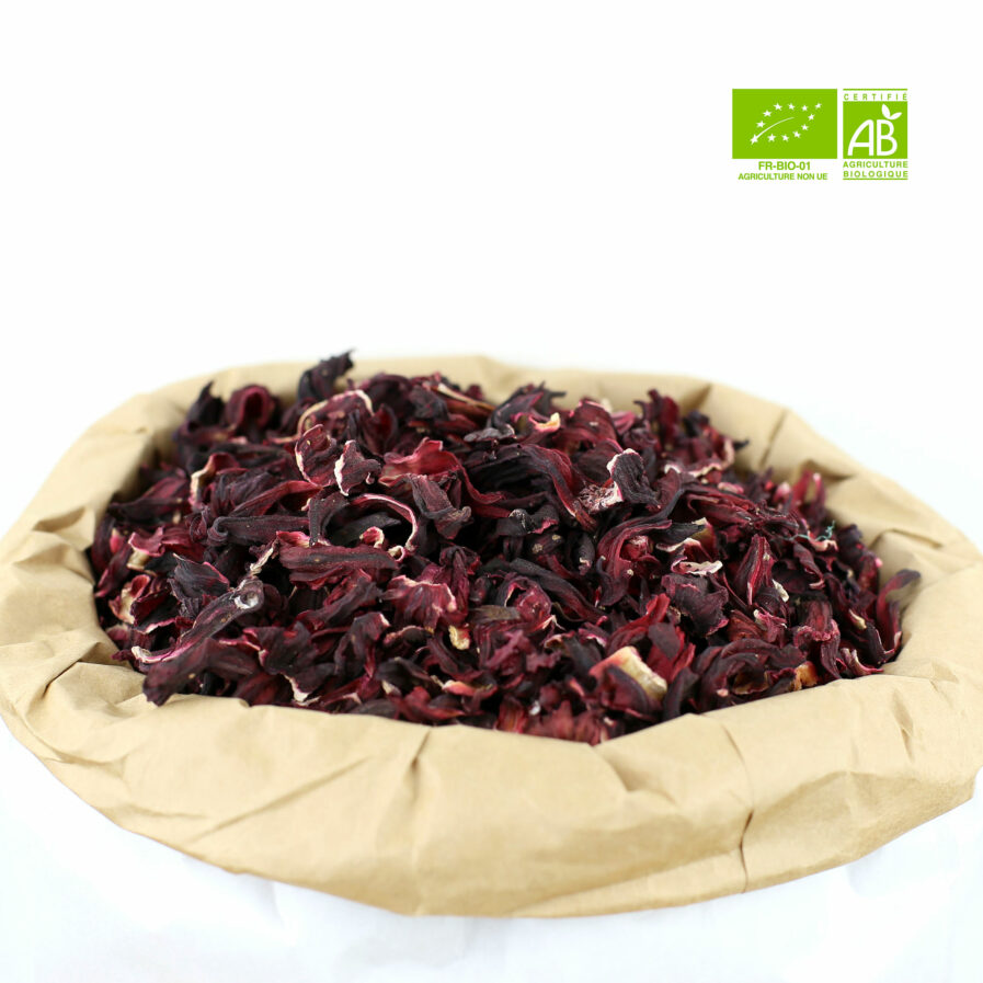 Découvrez notre Hibiscus bio en fleurs entières séchées de haute qualité pour créer votre infusion d'hibiscus bio fait maison.