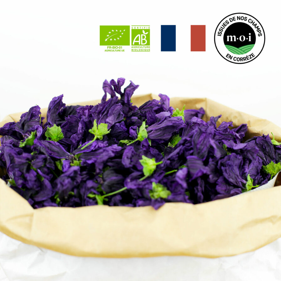 Fleurs de Mauve bio françaises issues de notre production dans son sac Kraft