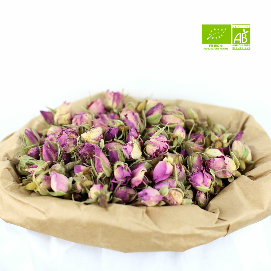 Découvrez nos boutons entier de Rose de Damas bio de haute qualité. Pour créer votre infusion de Rose bio maison et profitez de ses bienfaits.