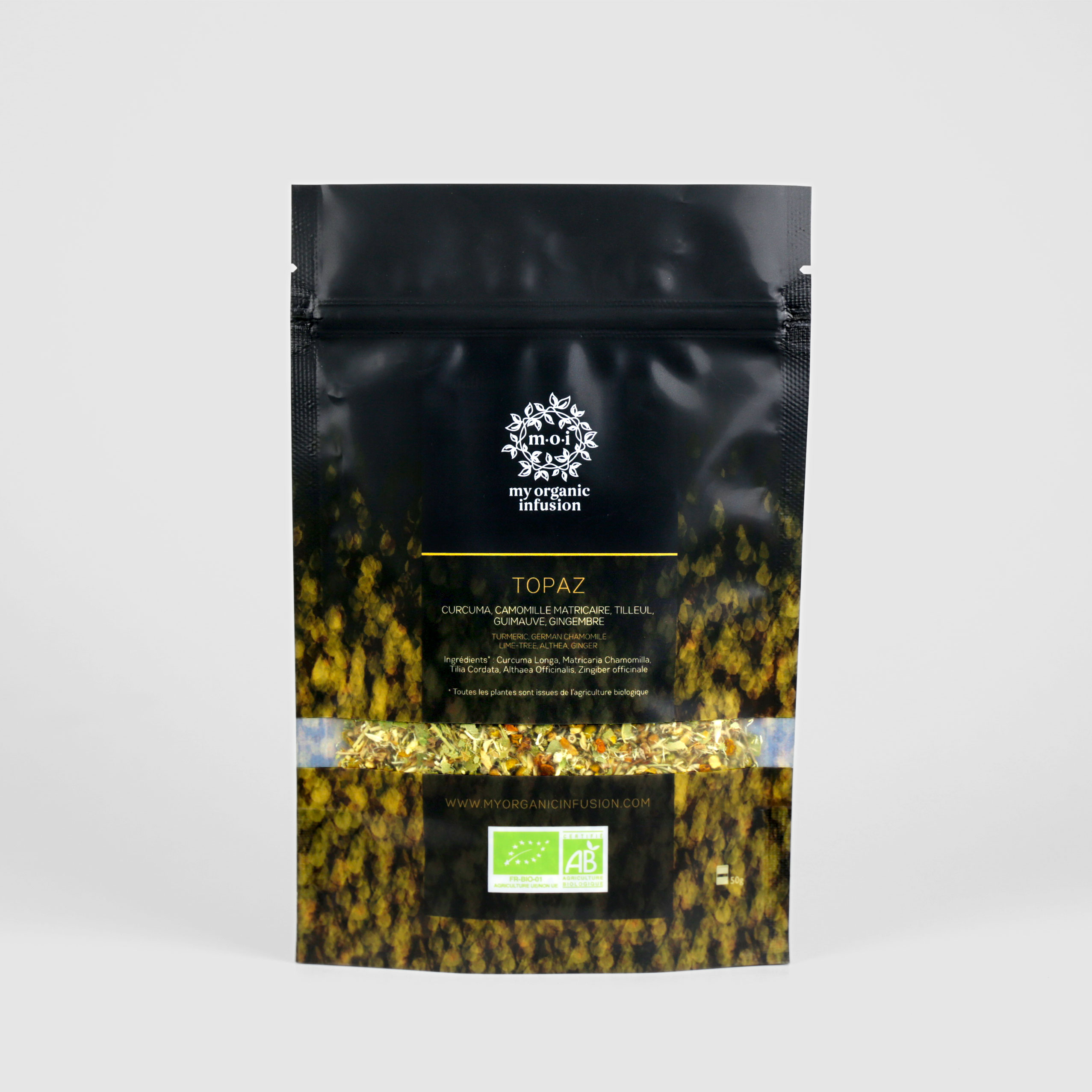 Topaz1x1 Infusion Jaune Topaz en vrac 50g dans son packaging