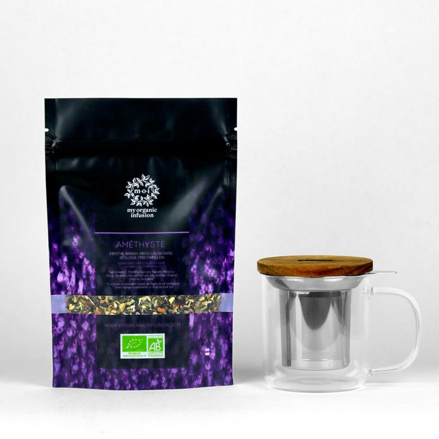 Packshot de l'infusion Amethyste avec son mug infuseur inclus de 300ml