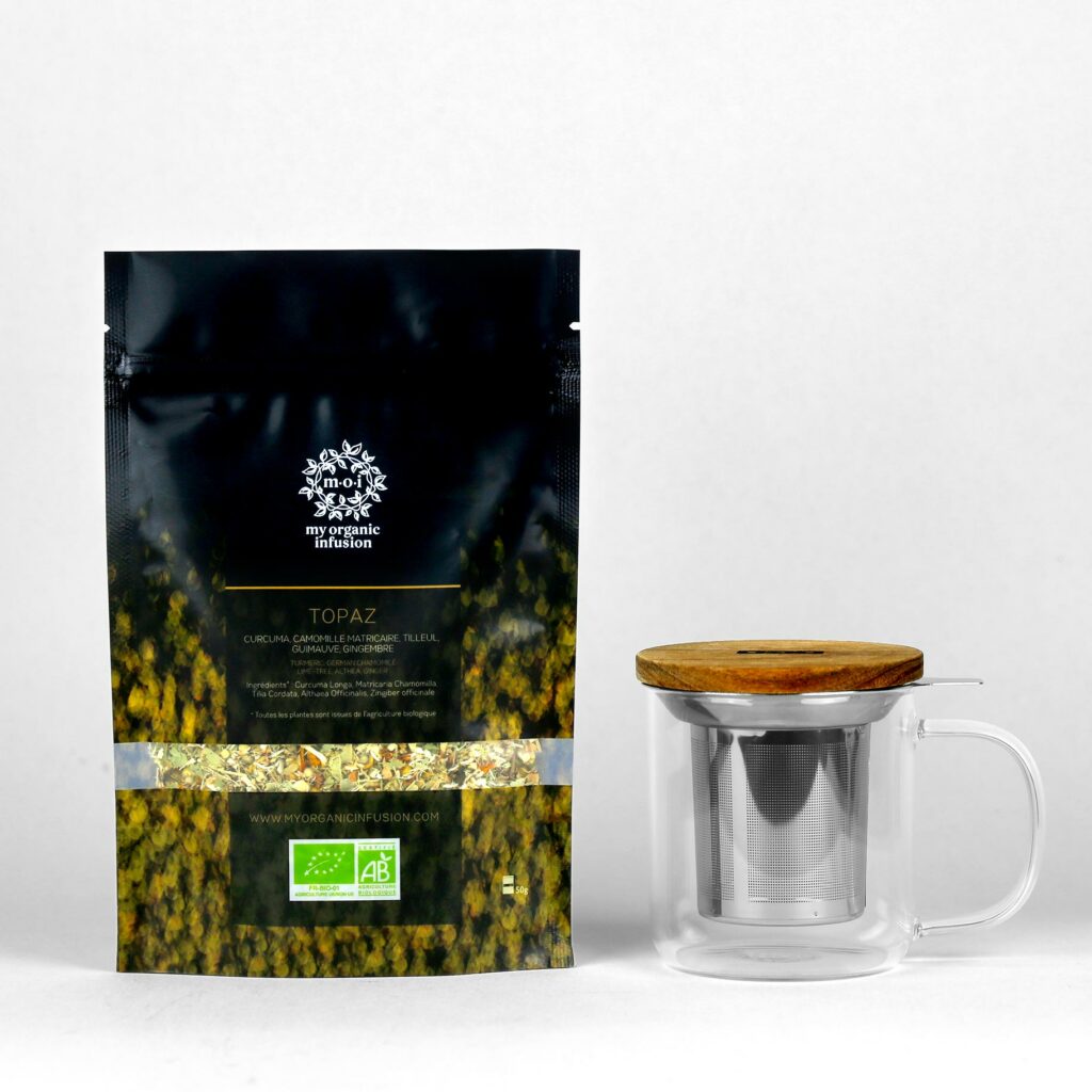 Packshot de l'infusion Topaz et son mug infuseur inclus de 300ml