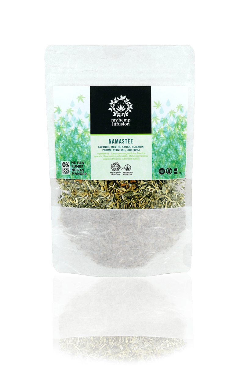 Zoom sur le packaging del'infusion CBD namastée
