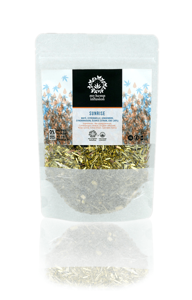 Zoom sur le packaging d'infusion cbd sunrise spéciale pour le matin et en alternative au café
