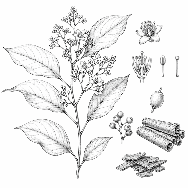 Illiustration herboriste de la cannelle de ceylan bio